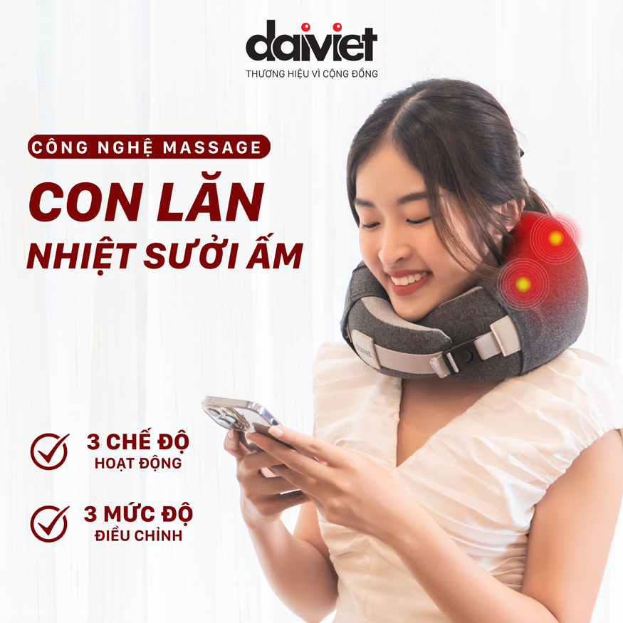 Máy massage cổ Đại Việt DVMG-00001 sở hữu 2 công nghệ massage, massage xoa bóp chuyên sâu bằng con lăn kết hợp nhiệt sưởi ấm làm giãn cơ cổ nhanh chóng.