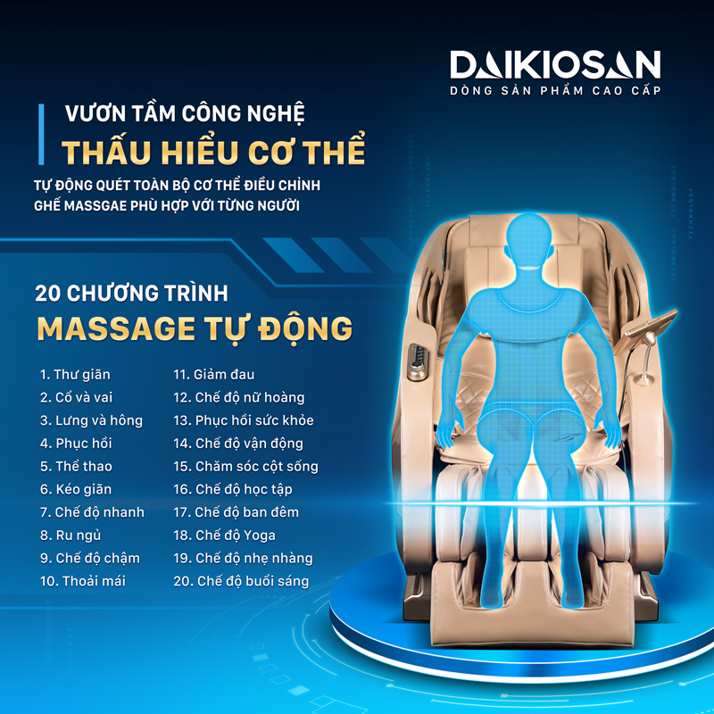 ghế massage toàn thân Daikiosan DKGM-30002 sở hữu tới 20 chương trình massage