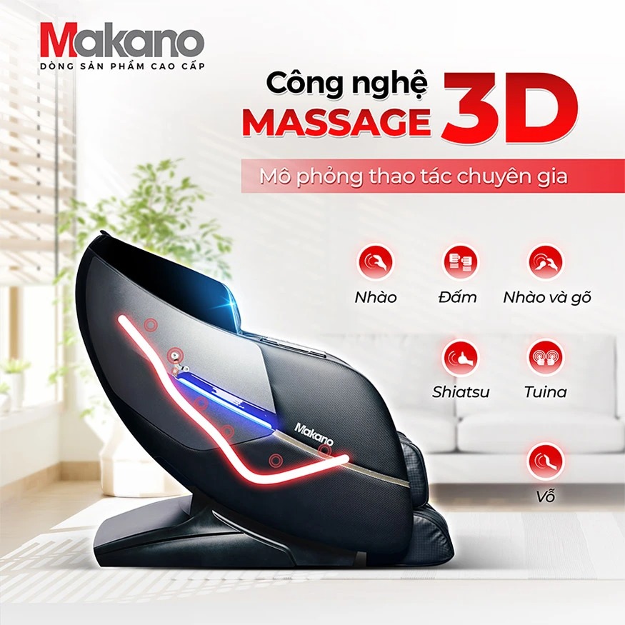 Ghế massage Makano MKGM-20005 tích hợp các phương pháp massage mô phỏng: Nhào, đấm, nhào và gõ, shiatsu, tuina, vỗ,...như một chuyên gia massage trị liệu