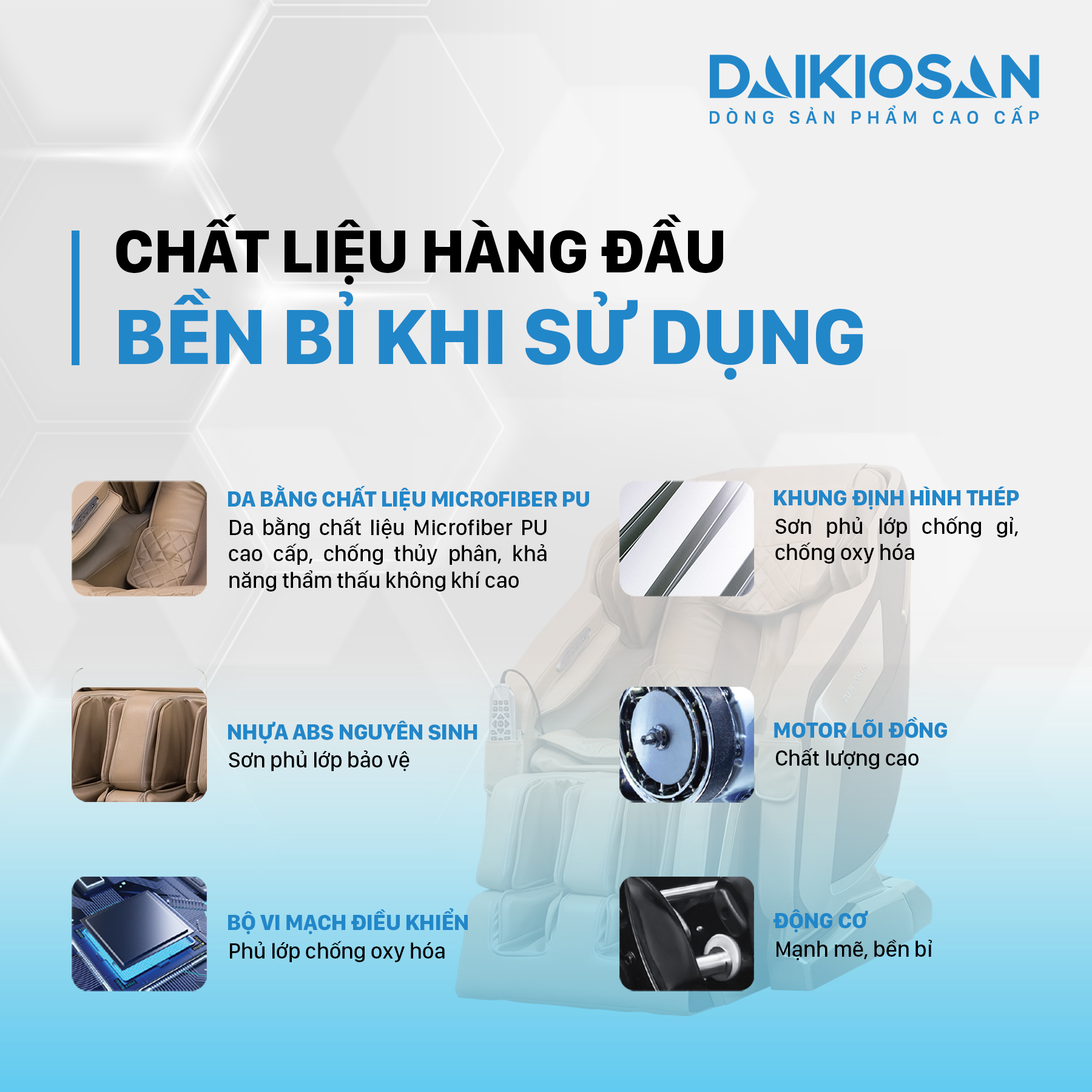 Sản phẩm sử dụng chất liệu linh kiện cao cấp giúp gia tăng tuổi thọ, đảm bảo công năng.